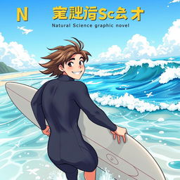 An eye-catching anime-style cover art for an educational natural science graphic novel featuring a friendly male surfer