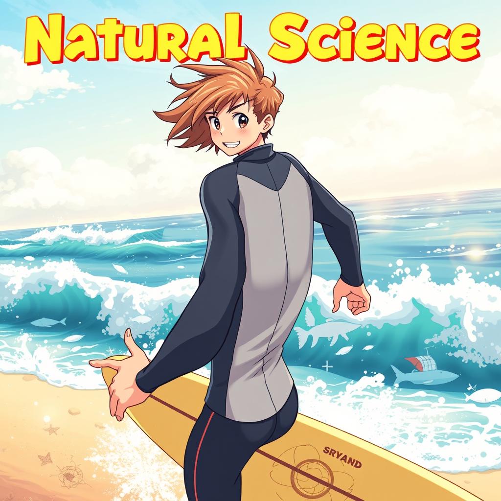 An eye-catching anime-style cover art for an educational natural science graphic novel featuring a friendly male surfer