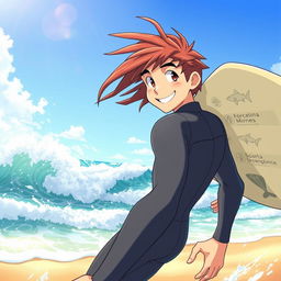 An eye-catching anime-style cover art for an educational natural science graphic novel featuring a friendly male surfer