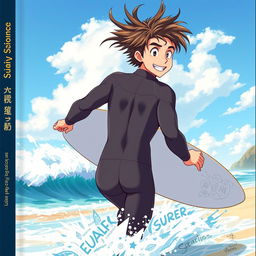 An eye-catching anime-style cover art for an educational natural science graphic novel featuring a friendly male surfer