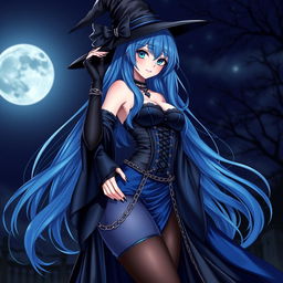 An alluring gothic anime girl witch, posing seductively against a moonlit night backdrop