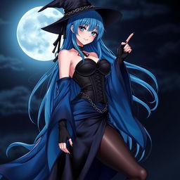 An alluring gothic anime girl witch, posing seductively against a moonlit night backdrop