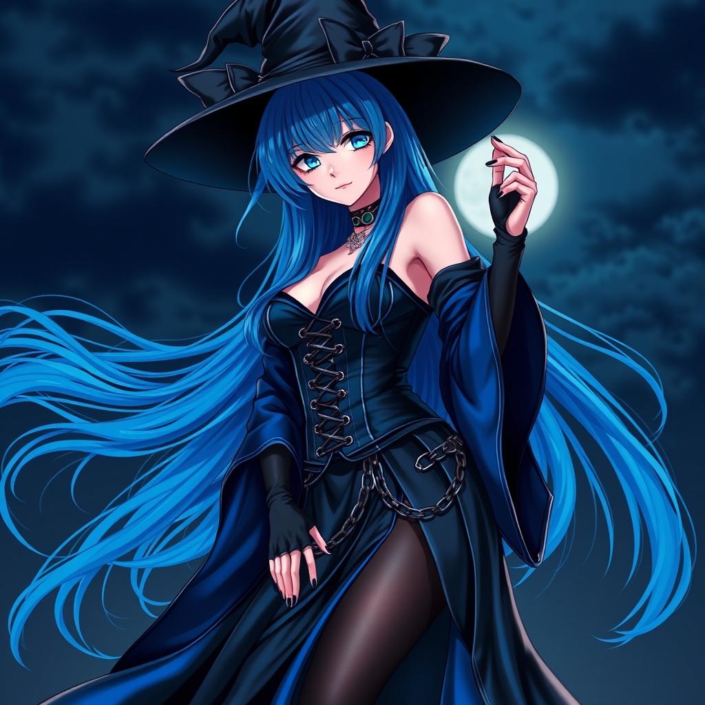 An alluring gothic anime girl witch, posing seductively against a moonlit night backdrop