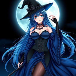 An alluring gothic anime girl witch, posing seductively against a moonlit night backdrop