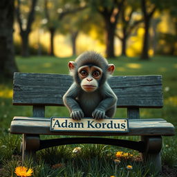 A sad little monkey sitting on a wooden park bench with a sign that reads 'Adam Kordus'