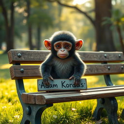 A sad little monkey sitting on a wooden park bench with a sign that reads 'Adam Kordus'