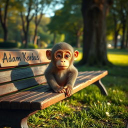 A sad little monkey sitting on a wooden park bench with a sign that reads 'Adam Kordus'