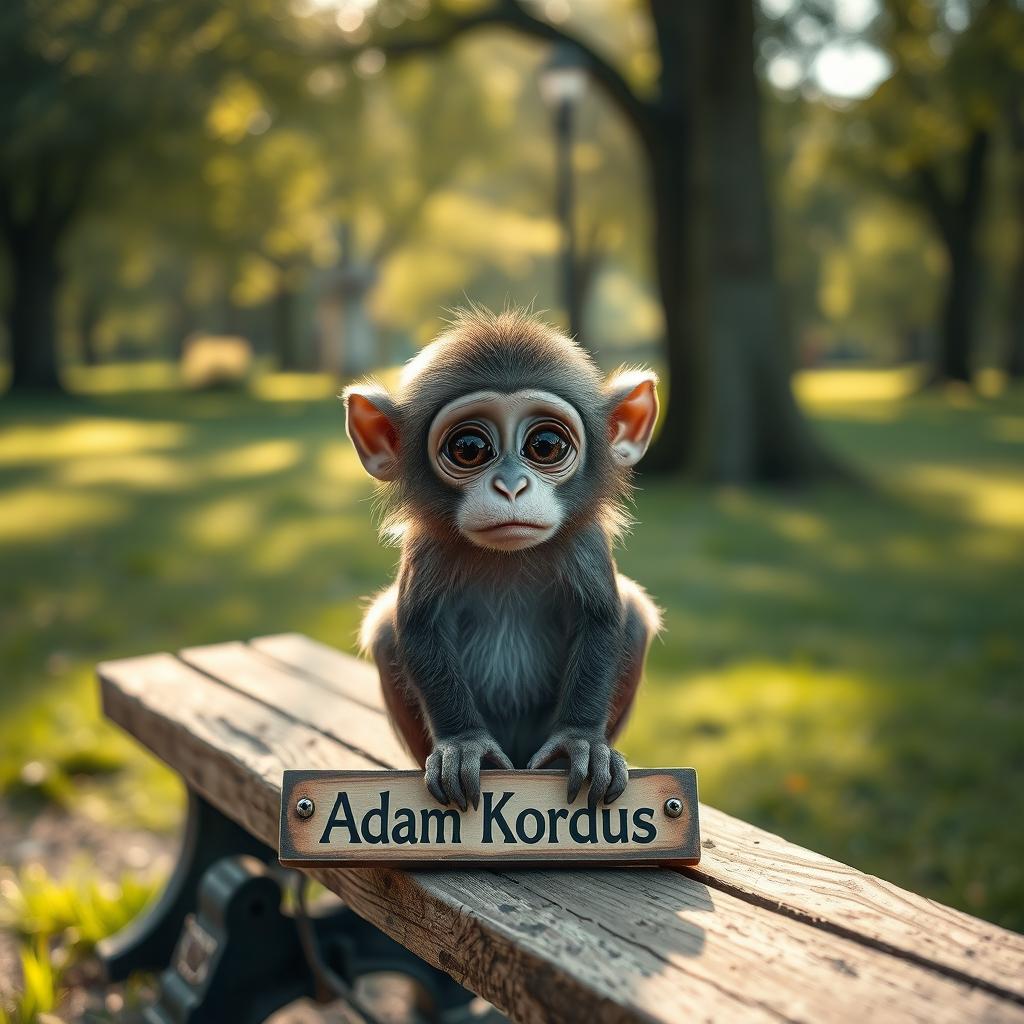 A sad little monkey sitting on a wooden park bench with a sign that reads 'Adam Kordus'