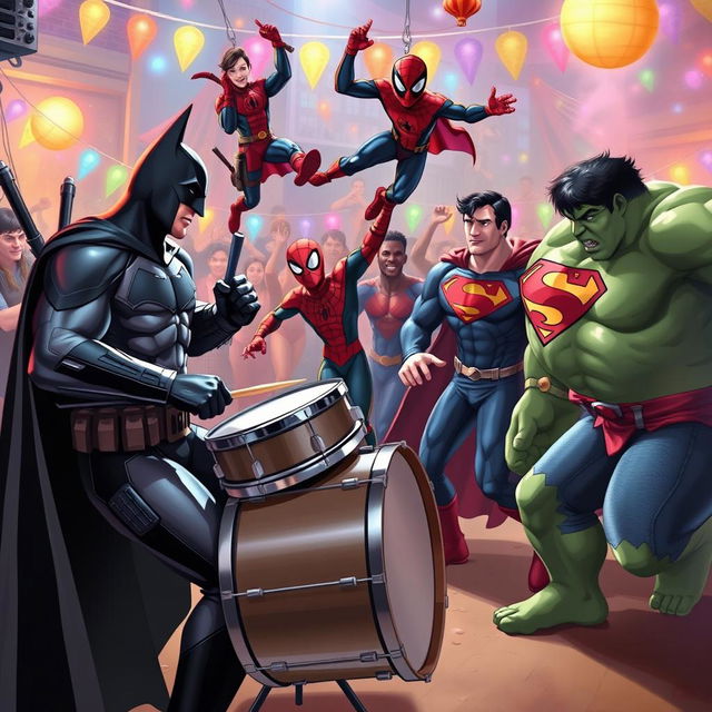 Batman drumming passionately at a vibrant gathering, surrounded by Deadpool, Spider-Man, Superman, and Hulk who are engaged in a lively chain dance