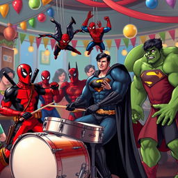 Batman drumming passionately at a vibrant gathering, surrounded by Deadpool, Spider-Man, Superman, and Hulk who are engaged in a lively chain dance