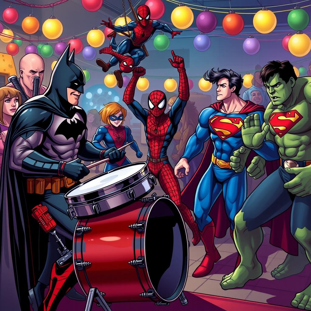 Batman drumming passionately at a vibrant gathering, surrounded by Deadpool, Spider-Man, Superman, and Hulk who are engaged in a lively chain dance