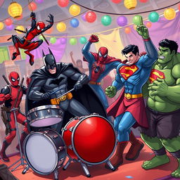 Batman drumming passionately at a vibrant gathering, surrounded by Deadpool, Spider-Man, Superman, and Hulk who are engaged in a lively chain dance