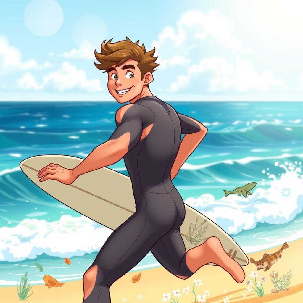 An engaging cover art for an educational natural science graphic novel featuring a friendly male surfer