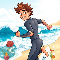 An engaging cover art for an educational natural science graphic novel featuring a friendly male surfer