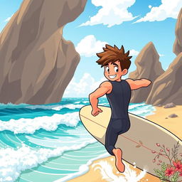 An engaging cover art for an educational natural science graphic novel featuring a friendly male surfer