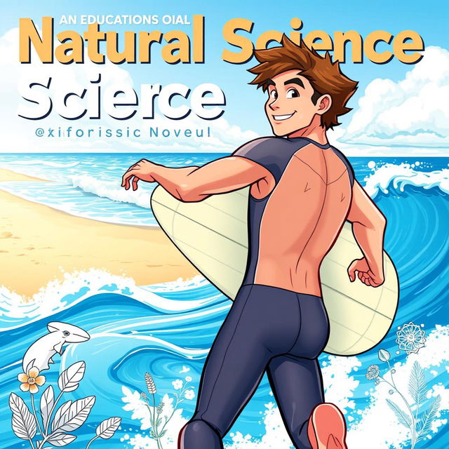 An engaging cover art for an educational natural science graphic novel featuring a friendly male surfer