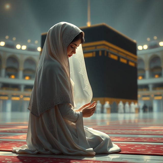 A stunning depiction of Snow White in a traditional hijab, gently kneeling in prayer at the Kaaba