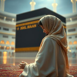A stunning depiction of Snow White in a traditional hijab, gently kneeling in prayer at the Kaaba