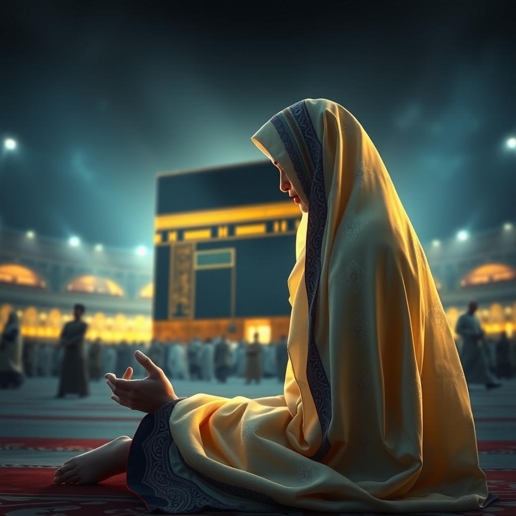 A stunning depiction of Snow White in a traditional hijab, gently kneeling in prayer at the Kaaba