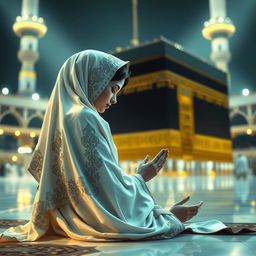 A stunning depiction of Snow White in a traditional hijab, gently kneeling in prayer at the Kaaba