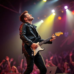 A full picture of a man standing and playing an electric guitar while wearing a stylish black jacket