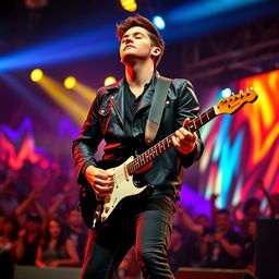 A full picture of a man standing and playing an electric guitar while wearing a stylish black jacket
