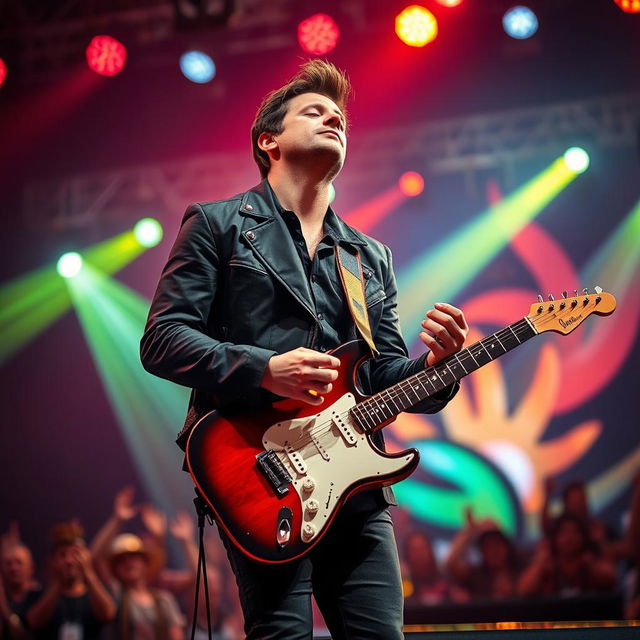 A full picture of a man standing and playing an electric guitar while wearing a stylish black jacket