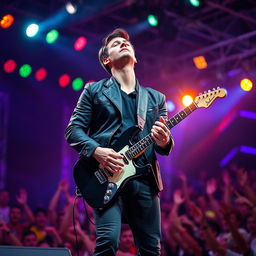 A full picture of a man standing and playing an electric guitar while wearing a stylish black jacket