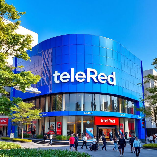 A modern television building designed for the TeleRed network, showcasing a stunning blue exterior