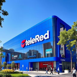 A modern television building designed for the TeleRed network, showcasing a stunning blue exterior