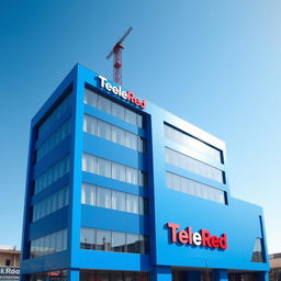 A seven-story building for the television chain TeleRed, prominently displayed in a vibrant blue color