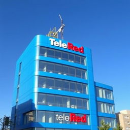A seven-story building for the television chain TeleRed, prominently displayed in a vibrant blue color