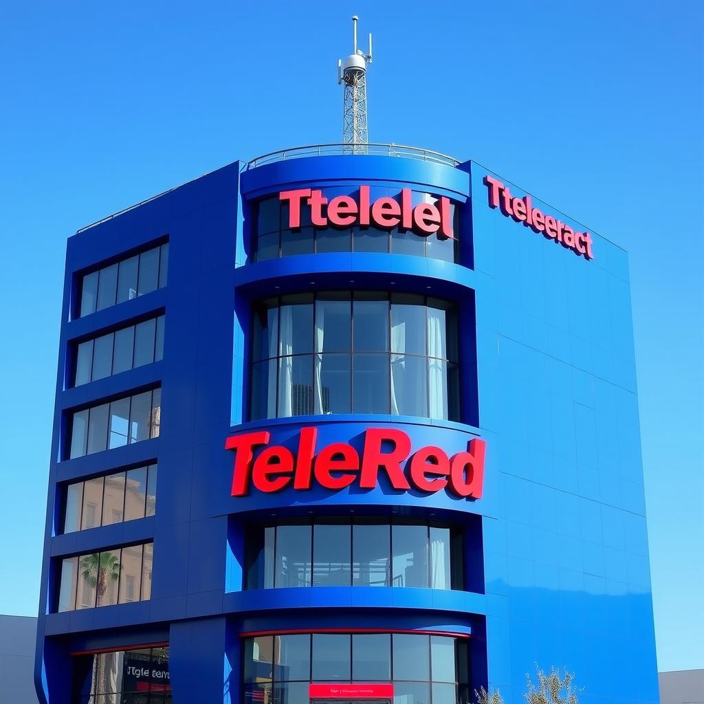 A seven-story building for the television chain TeleRed, prominently displayed in a vibrant blue color