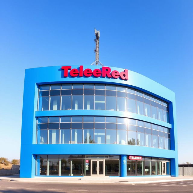 A seven-story building for the television chain TeleRed, prominently displayed in a vibrant blue color