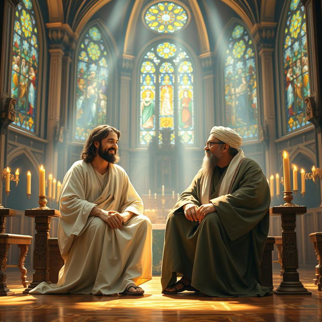 A vibrant and spiritually uplifting scene depicting Jesus Christ and Imam Ali seated together in a beautifully ornate church setting