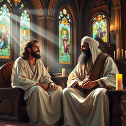A vibrant and spiritually uplifting scene depicting Jesus Christ and Imam Ali seated together in a beautifully ornate church setting