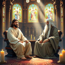 A vibrant and spiritually uplifting scene depicting Jesus Christ and Imam Ali seated together in a beautifully ornate church setting