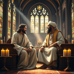 A vibrant and spiritually uplifting scene depicting Jesus Christ and Imam Ali seated together in a beautifully ornate church setting