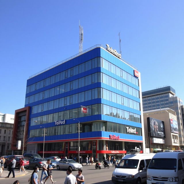 A seven-story building for the television chain TeleRed, prominently featuring a blue facade