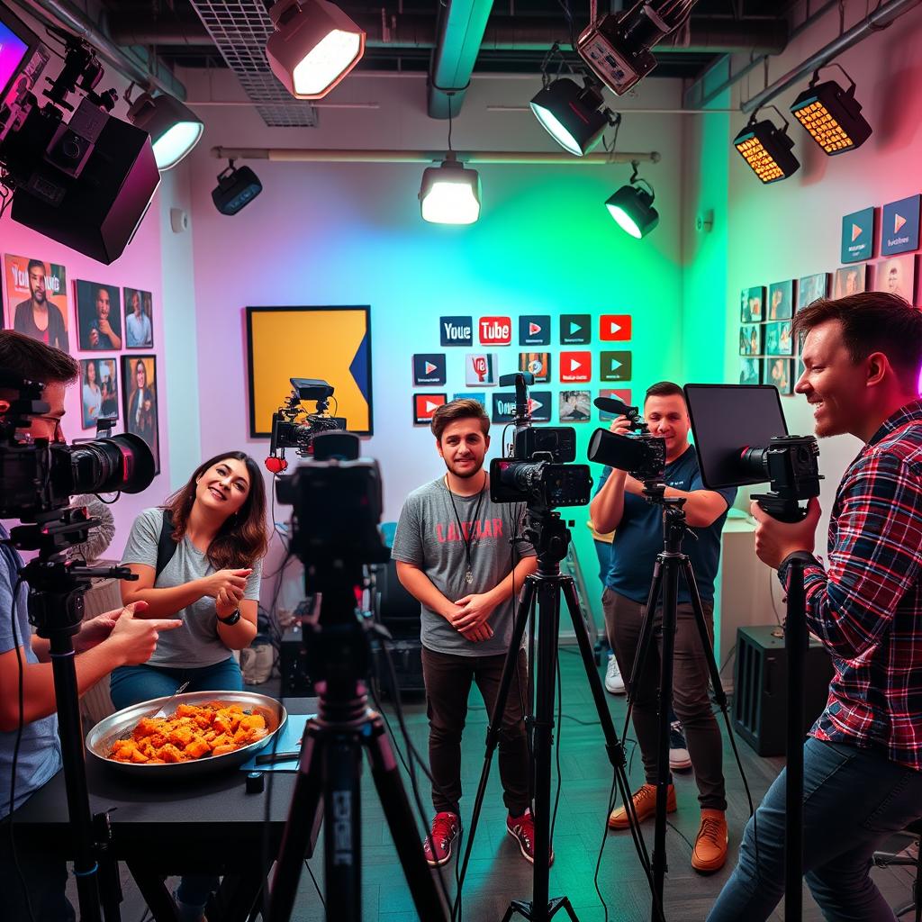 A vibrant and dynamic scene showcasing a diverse group of content creators in a bright, modern studio filled with cameras, microphones, and colorful lights