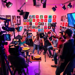 A vibrant and dynamic scene showcasing a diverse group of content creators in a bright, modern studio filled with cameras, microphones, and colorful lights