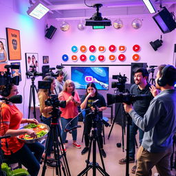 A vibrant and dynamic scene showcasing a diverse group of content creators in a bright, modern studio filled with cameras, microphones, and colorful lights
