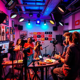 A vibrant and dynamic scene showcasing a diverse group of content creators in a bright, modern studio filled with cameras, microphones, and colorful lights