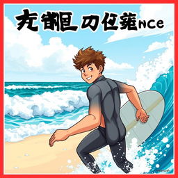 A captivating manga-style cover art for an educational natural science publication featuring a friendly teen male surfer