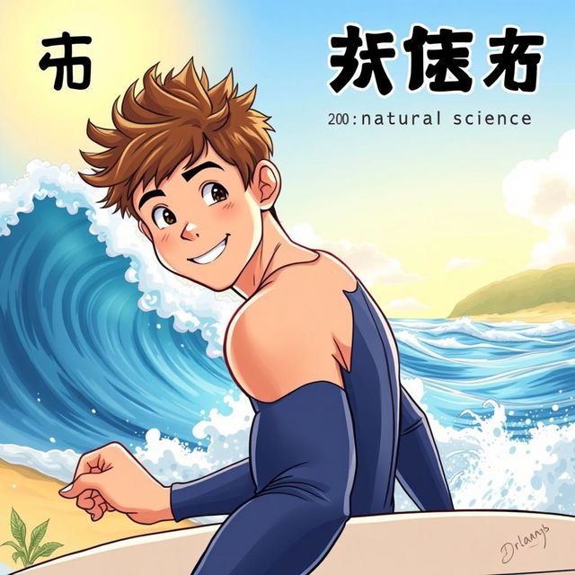 A captivating manga-style cover art for an educational natural science publication featuring a friendly teen male surfer