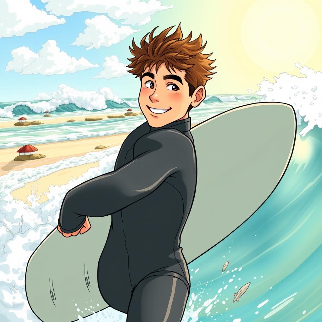 A captivating manga-style cover art for an educational natural science publication featuring a friendly teen male surfer