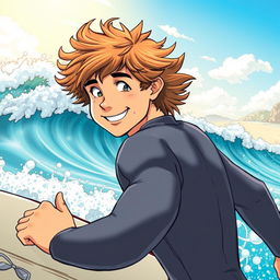 A captivating manga-style cover art for an educational natural science publication featuring a friendly teen male surfer