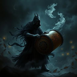 A dark, atmospheric scene featuring a mysterious character known as the "Penguasa Kegelapan" (Ruler of Darkness) playing an intricately designed drum