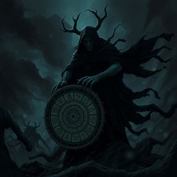 A dark, atmospheric scene featuring a mysterious character known as the "Penguasa Kegelapan" (Ruler of Darkness) playing an intricately designed drum