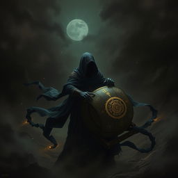 A dark, atmospheric scene featuring a mysterious character known as the "Penguasa Kegelapan" (Ruler of Darkness) playing an intricately designed drum